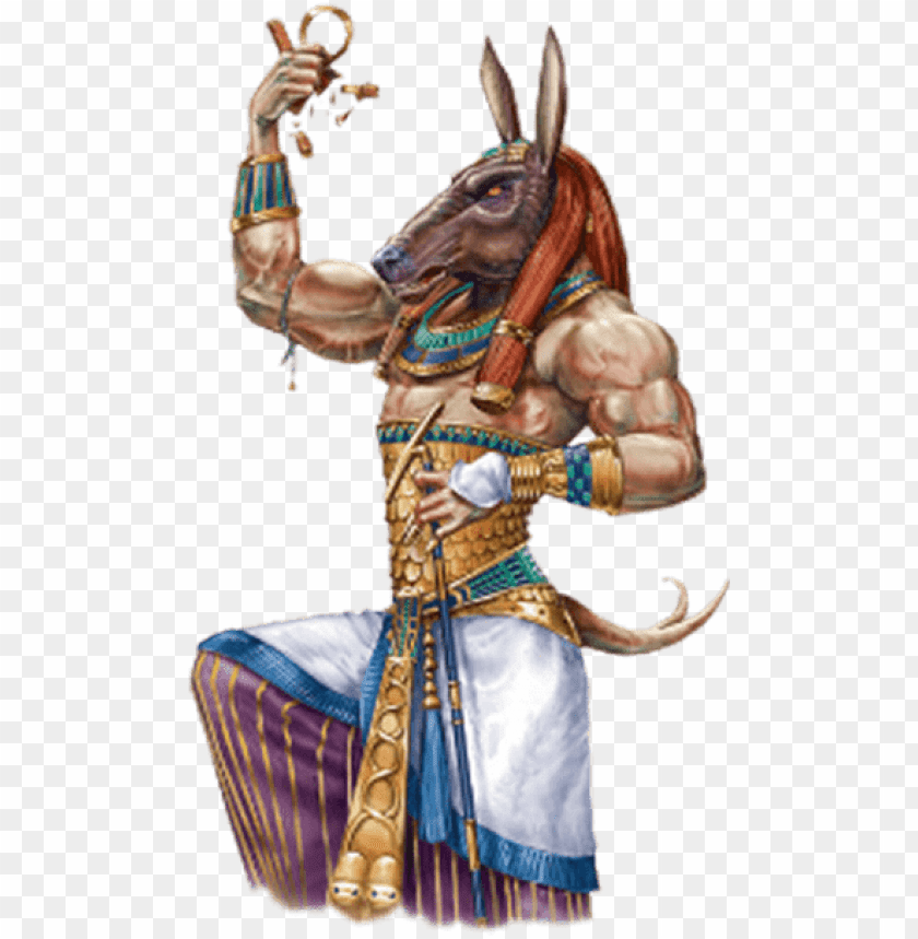 Mythical Egyptian figure with a horned animal head and muscular build PNG