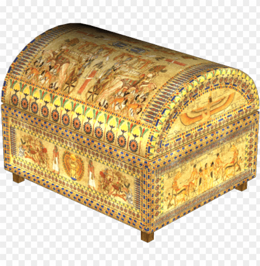 Decorative ancient Egyptian chest with intricate designs and gold accents PNG