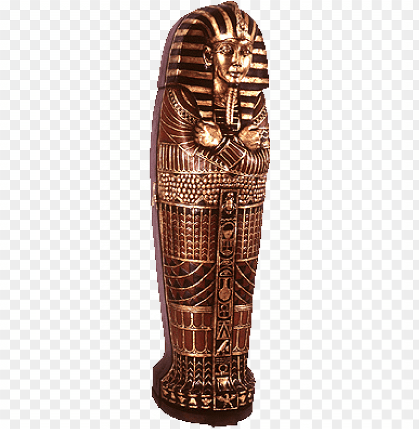 Ancient Egyptian sarcophagus with intricate patterns and a pharaoh figure PNG