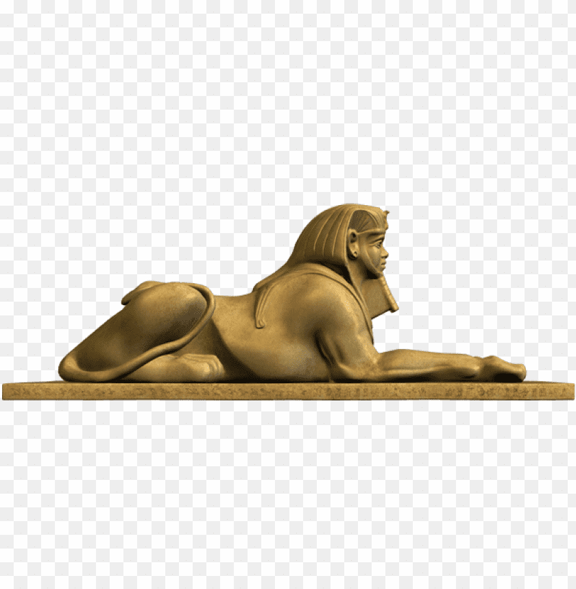 Golden Sphinx statue lying on a base, showcasing ancient Egyptian art PNG