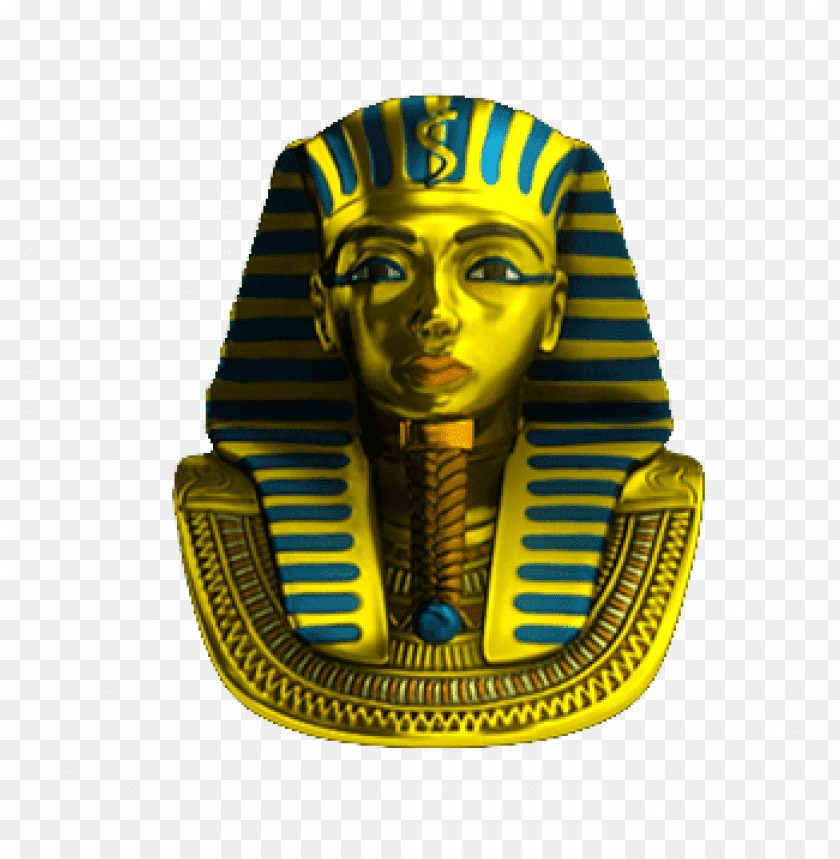 Golden pharaoh head with blue stripes, ancient Egyptian artifact PNG