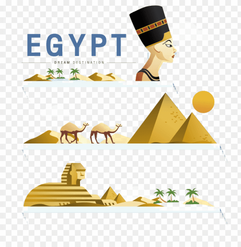 Graphic illustrating Egyptian landmarks, including pyramids and camels PNG