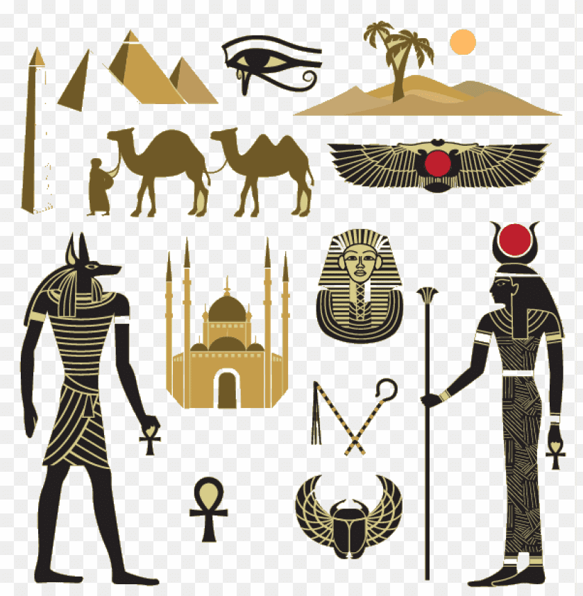 Egyptian symbols, pyramids, camels, and hieroglyphs in gold desi PNG