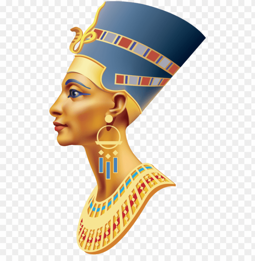 Illustration of an ancient Egyptian queen in profile view with ornate headdress PNG