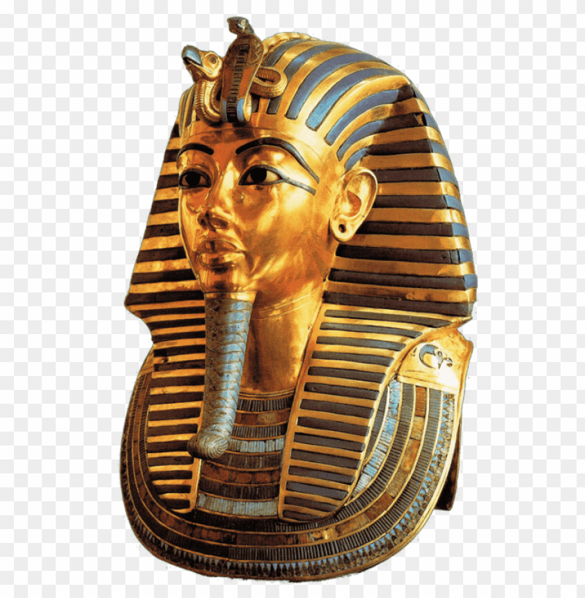 Golden Pharaoh mask of ancient Egypt with detailed headdress and beard PNG