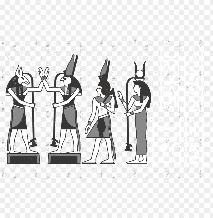 Ancient Egyptian figures with animal heads and hieroglyphs on the side PNG