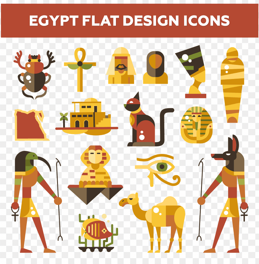 Flat design icons of ancient Egyptian symbols and characters PNG