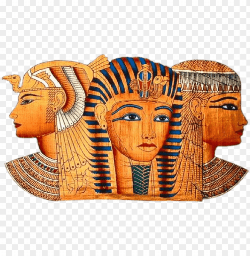 Ancient Egyptian art featuring three stylized faces of pharaohs PNG