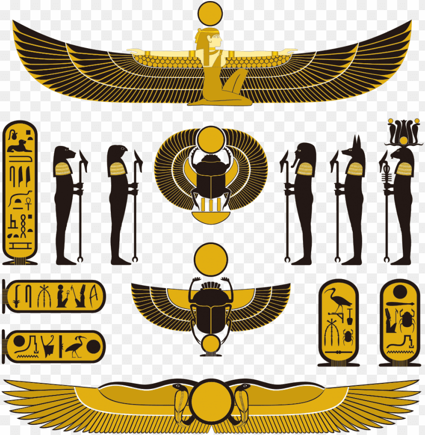 Egyptian, symbols, deities, wings, scarab, hieroglyphs