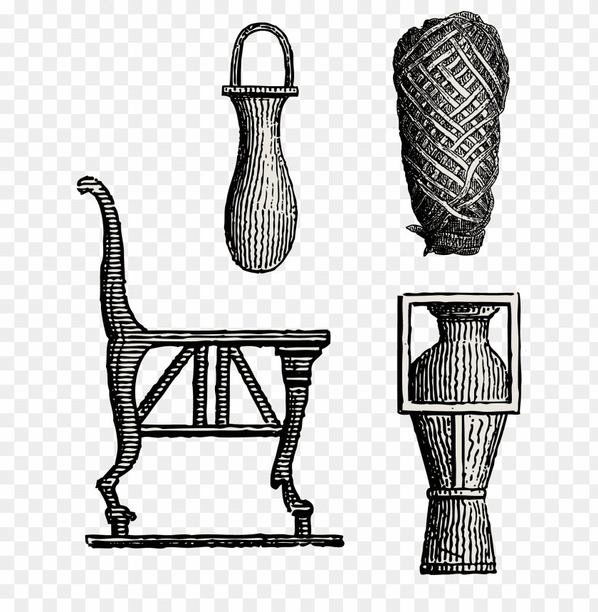 Illustration of various decorative vases and a chair desi PNG