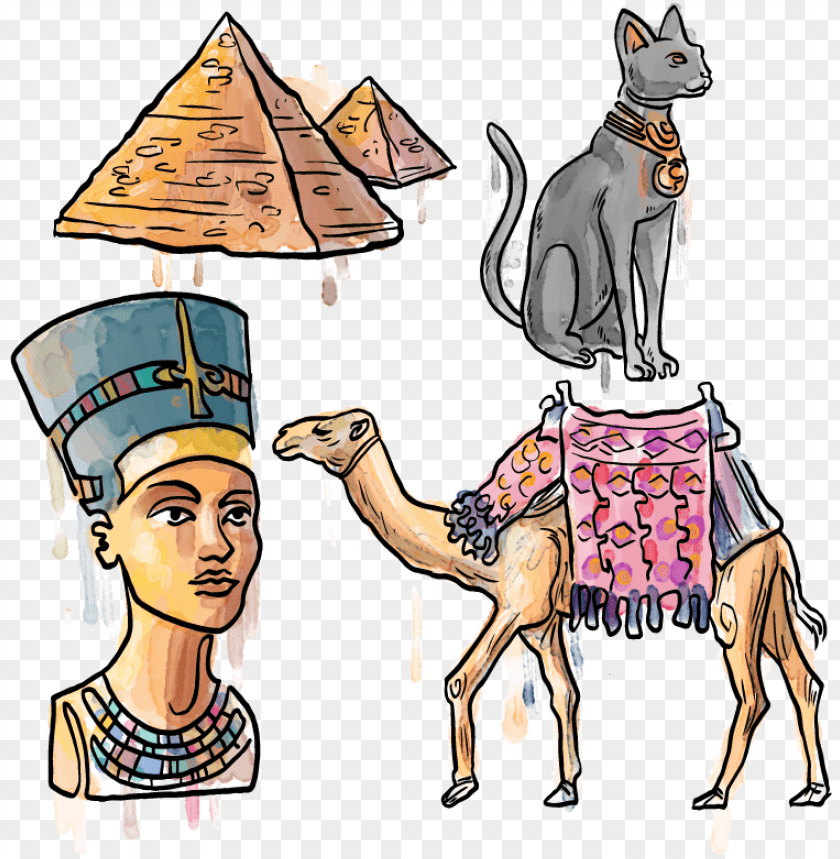 Colorful illustrations of ancient Egypt: pyramids, a cat, and a camel PNG