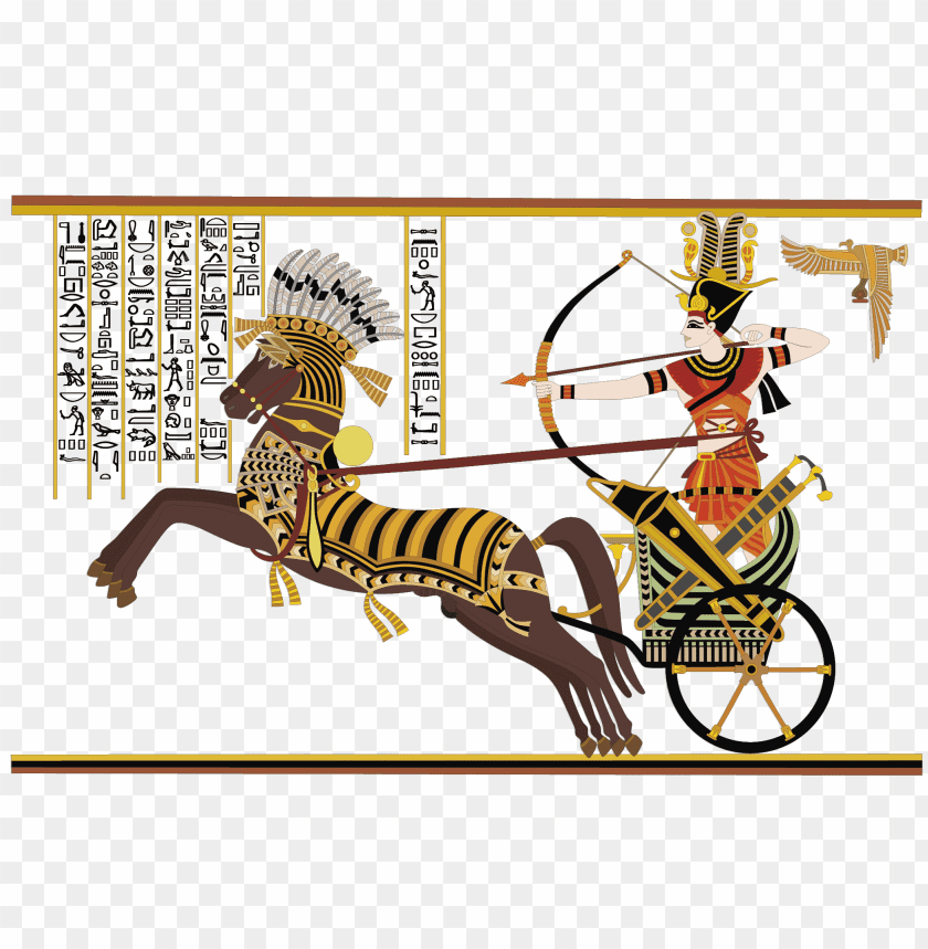 Ancient scene depicting a chariot and archer in Egyptian style PNG