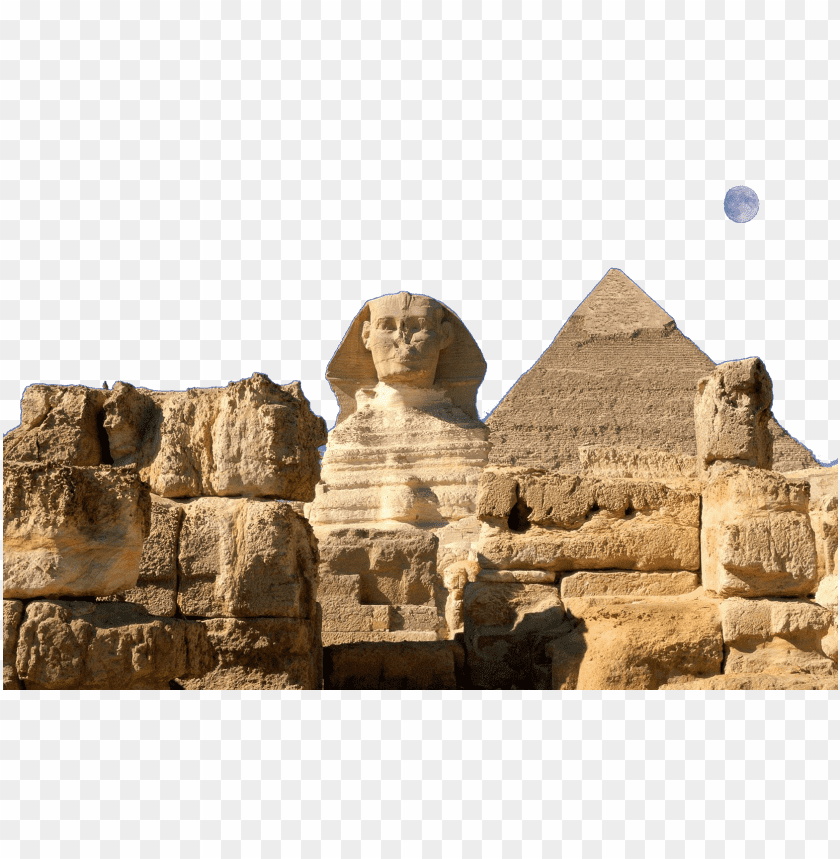 The Great Sphinx of Giza with pyramid and moon in the background PNG