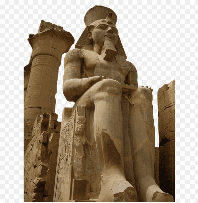 Large statue of an Egyptian pharaoh at a historical temple PNG