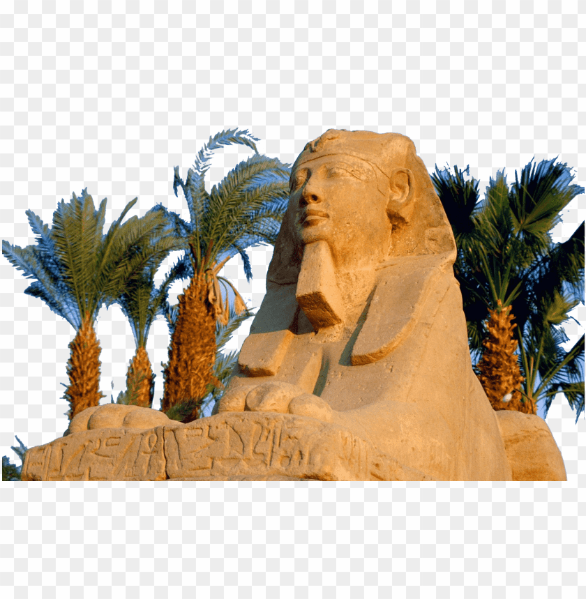 Statue of a sphinx surrounded by palm trees in vibrant sunlight PNG