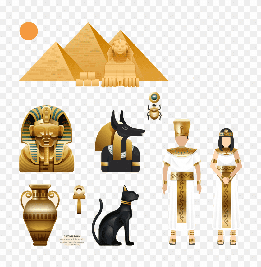 Illustration of Egyptian symbols, figures, and pyramids in gold and black PNG