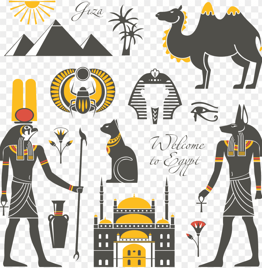 Colorful Egyptian-themed graphic with pyramids, gods, and camels PNG