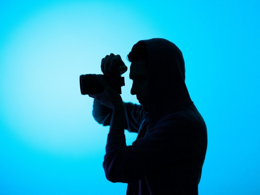 photographer, hood, camera, dark, shooting, blue