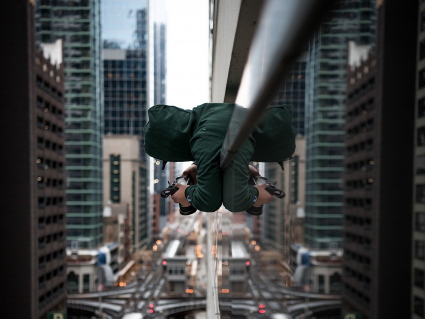 photographer, mirror, reflection, roof, city, buildings