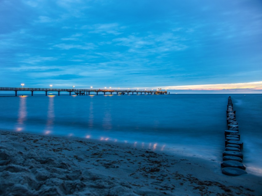 pier, beach, sunset, sea, coast, sand, horizon