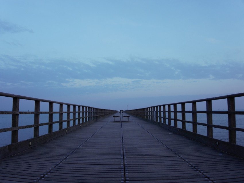 pier, benches, sea, clouds