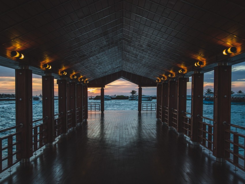 pier, boardwalk, ocean, palm trees, evening