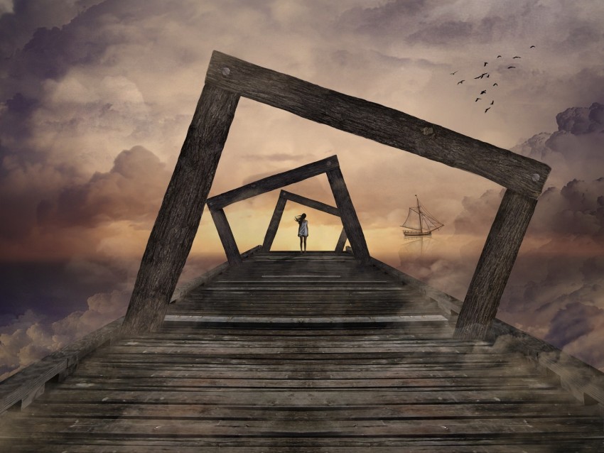 pier, girl, surrealism, frameworks, wooden, clouds, ship