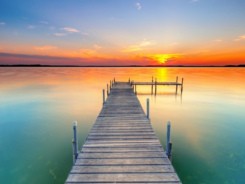 pier, lake, sunset, water, horizon