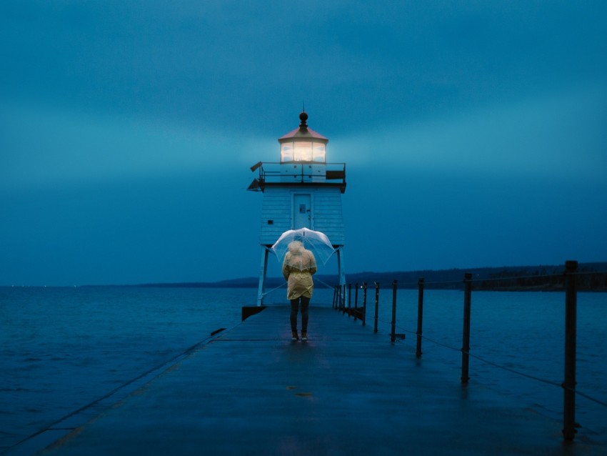 pier, man, lighthouse, umbrella, sea, twilight