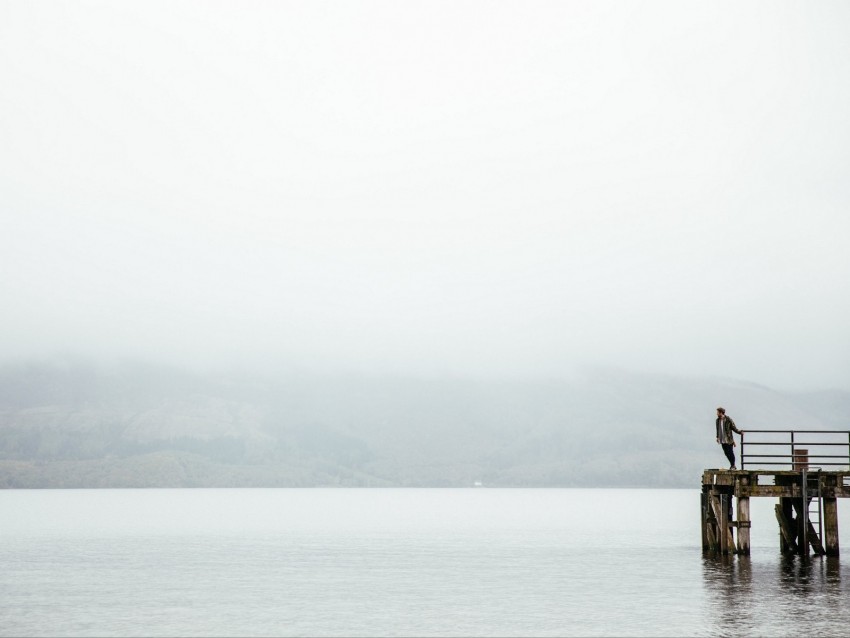 Pier Man Loneliness Melancholia Lake Fog Water Background