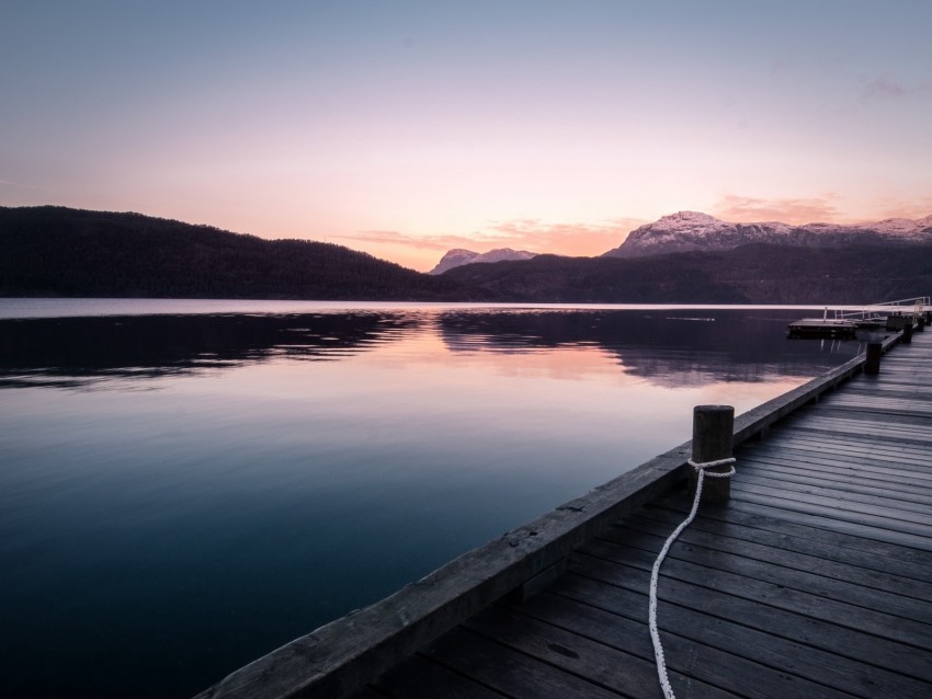 pier, mountains, lake, rope, sunset