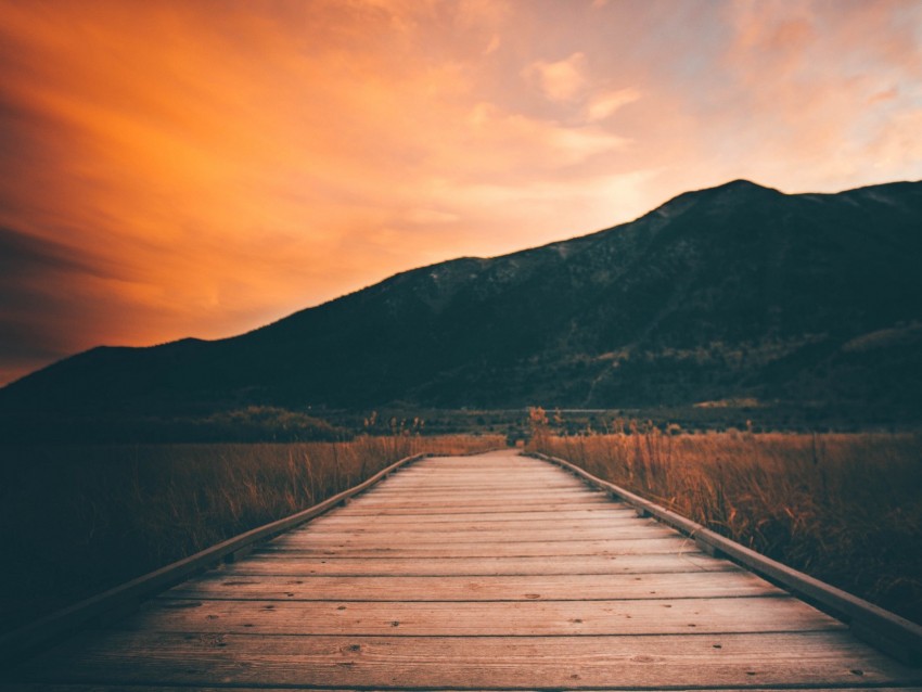 pier, mountains, sunset, boardwalk, wooden, flooring