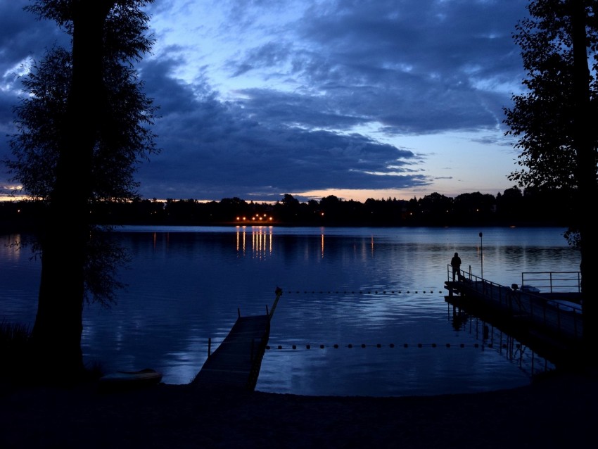 pier, night, river, silhouette, solitude