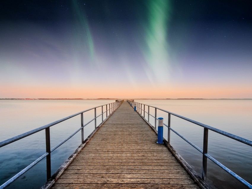 pier, northern lights, horizon, sky, stars