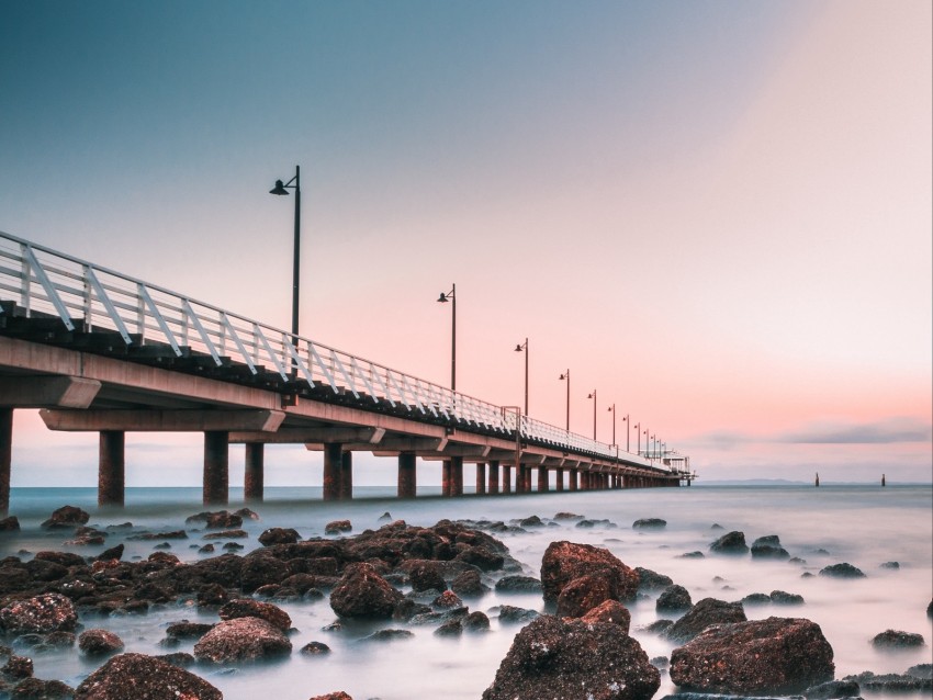 pier, sea, horizon, stones