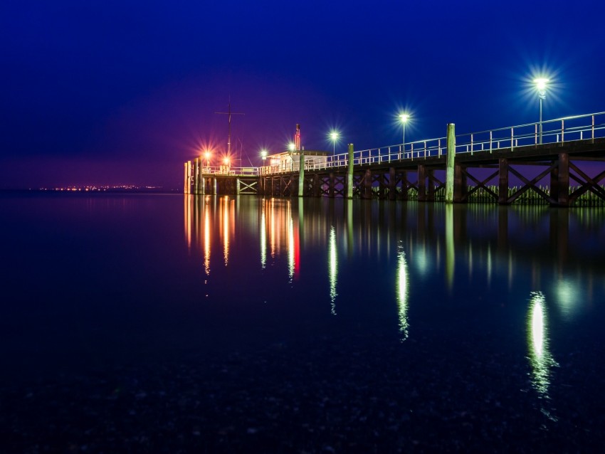 Pier Sea Night Lights Light Lighting Background