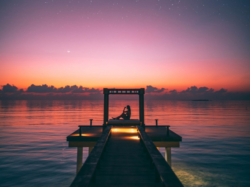 pier, silhouette, loneliness, twilight, starry sky