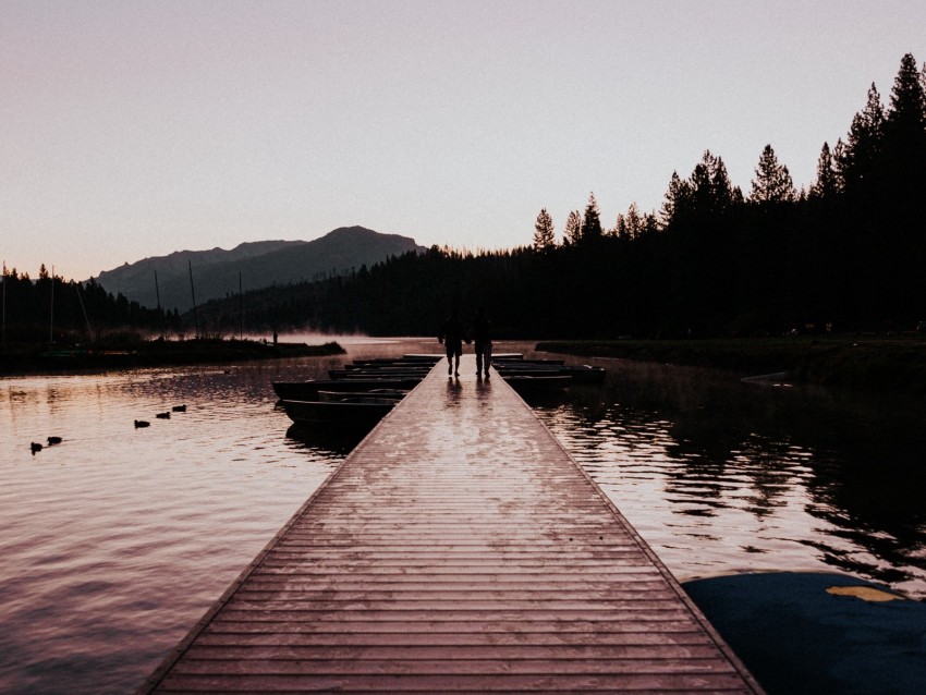 pier, silhouettes, dark, river, dusk