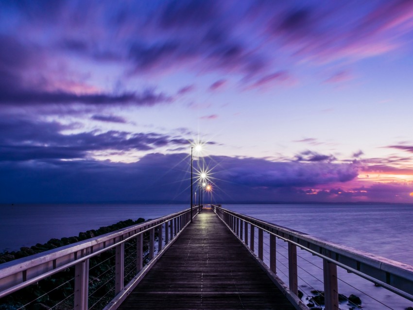 Pier Sunset Horizon Sea Lilac Clouds Background