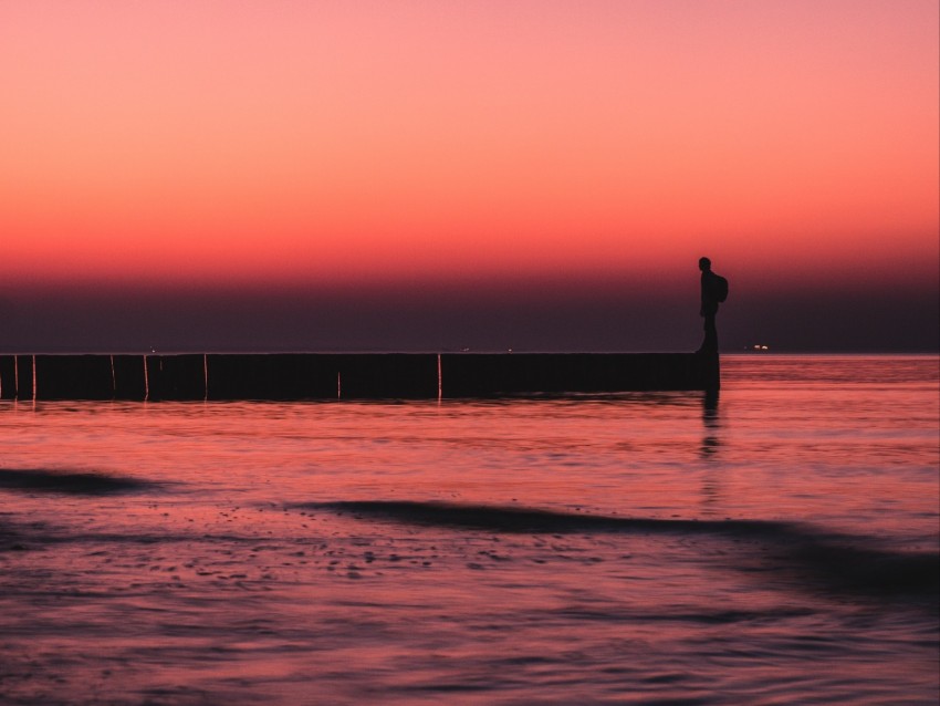 pier, sunset, loneliness, sea, horizon