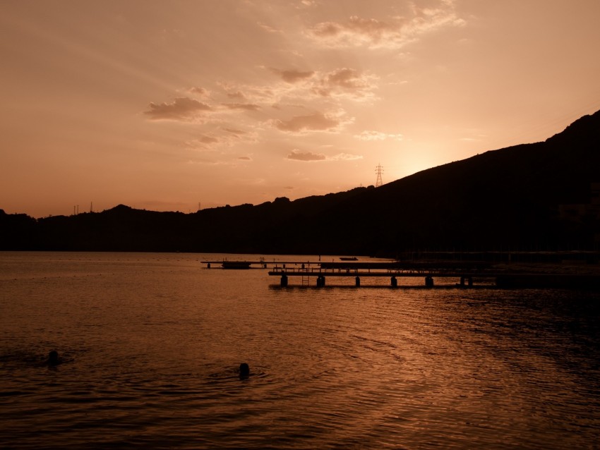 pier, sunset, night, sea, monochrome, dark, sky