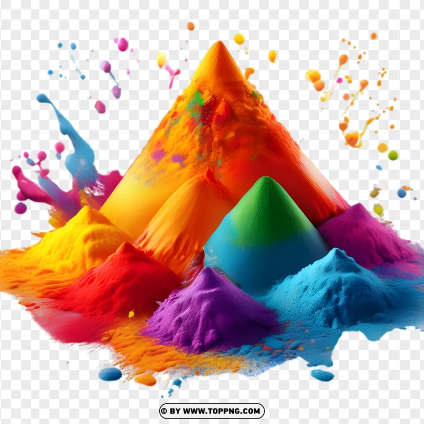 Piles Of Colorful Holi Powders Yellow Red Green Blue With Paint Splashes PNG Transparent Background