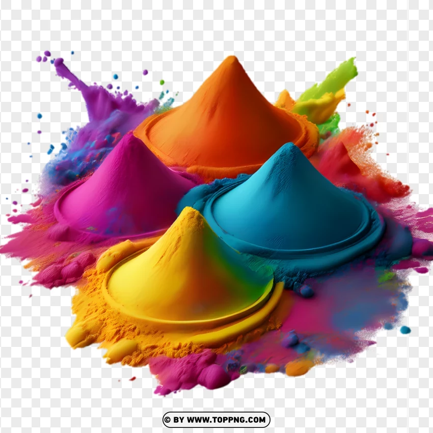 Piles Of Holi Powders Yellow Pink Blue Purple With Paint Splashes PNG Transparent Background