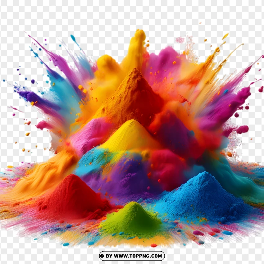 Piles Of Holi Powders Yellow Pink Blue With Splashes Against A PNG Transparent Background