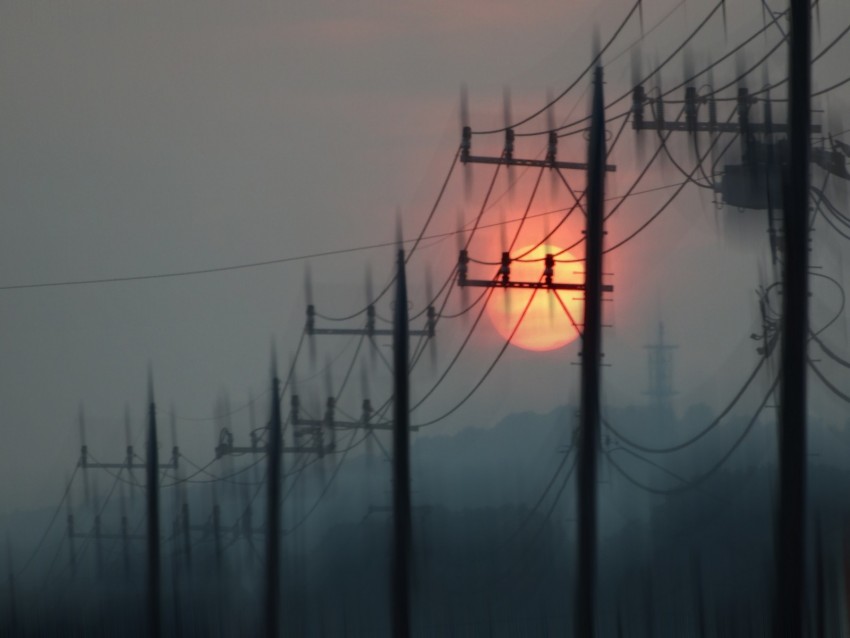 Pillars Wires Sun Sunset Blur Background