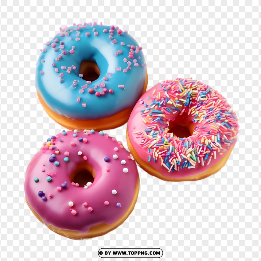 Pink Blue And Purple Frosted Donuts With Colorful Sprinkles PNG Transparent Background