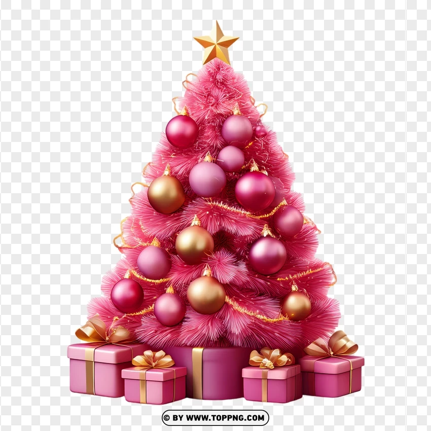 Pink Christmas Tree With Gold Baubles And Gift Boxes PNG Transparent Background