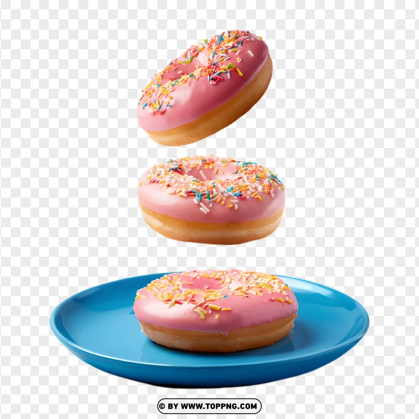 Pink Frosted Donuts With Marshmallow Toppings On Blue Plate PNG Transparent Background