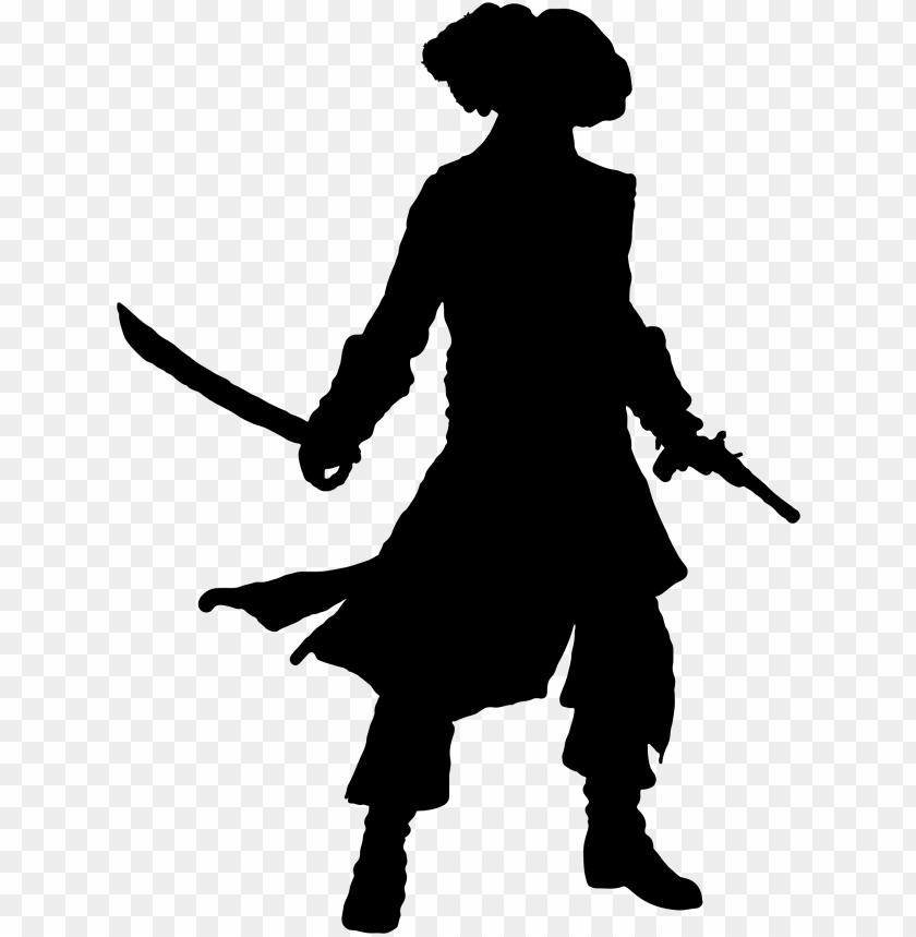 Silhouette of a swordsman with a sword and gun, transparent background