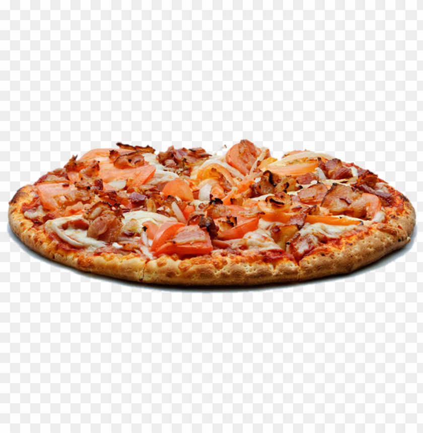 pizza, cheese, bacon, tomatoes, onion, crust, savory snack